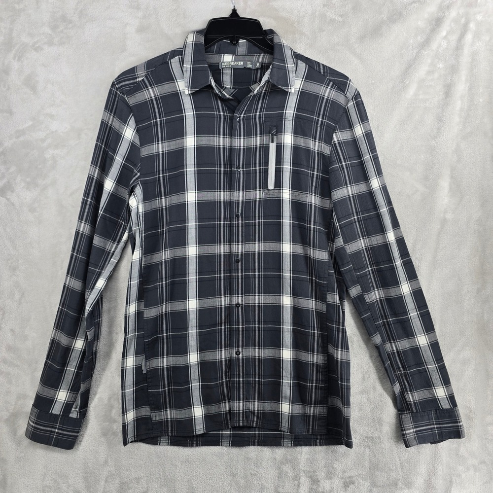 Icebreaker‎ Merino Plaid Button Up Shirt Mens Small Long Sleeve Pocket * holes